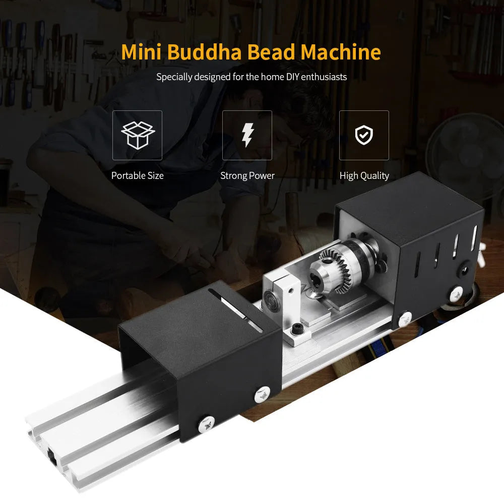 Mini metal woodworking lathe with carving knives and accessories on workbench