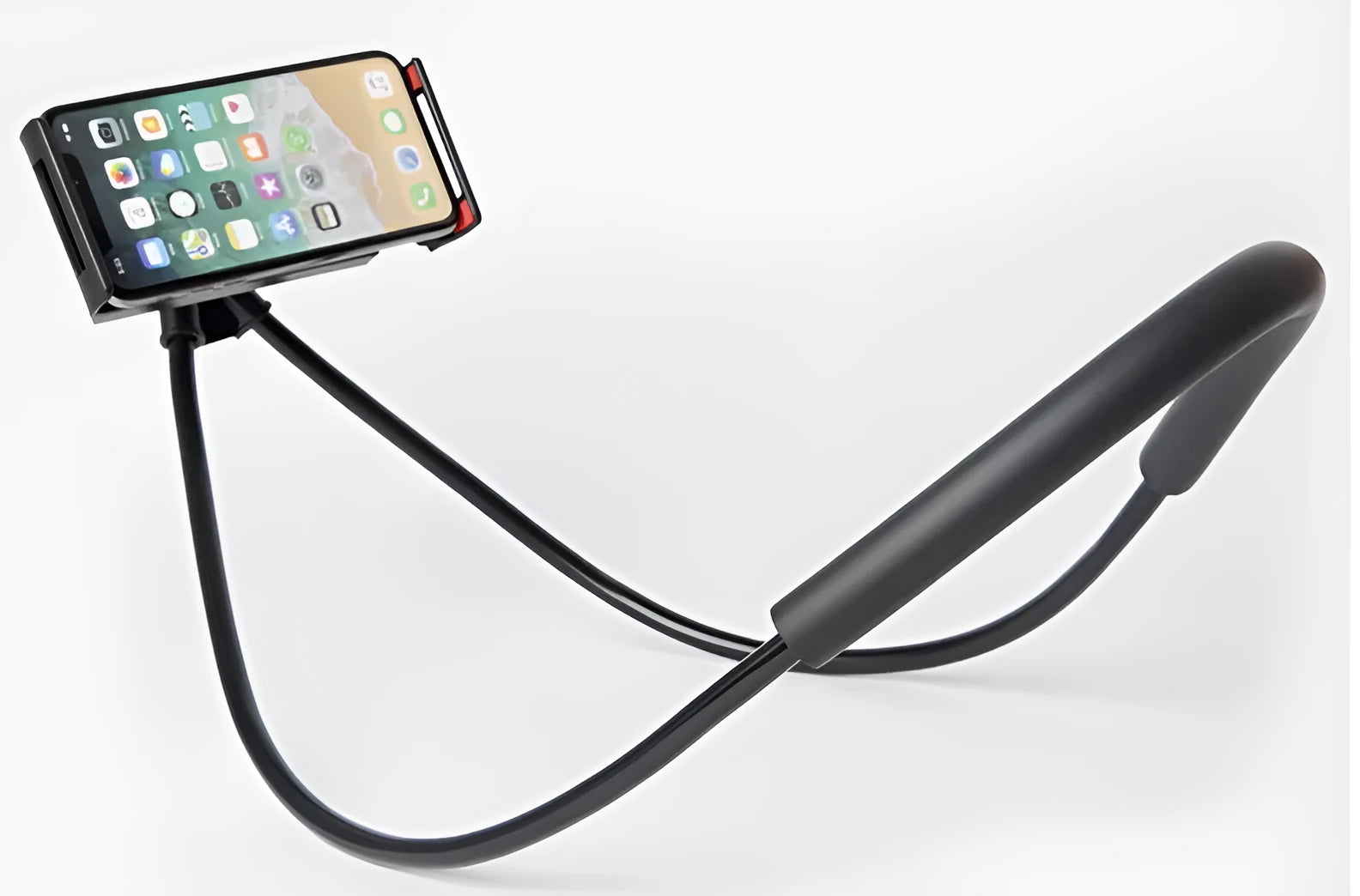 White universal neck phone holder with 360-degree rotating clamp holding a smartphone.