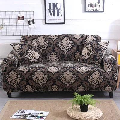 Geometric patterned stretch sofa slipcover fitted on a three-seater sofa