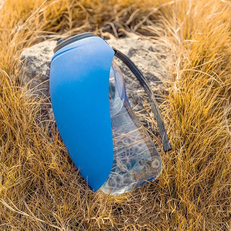 Portable pet water bottle with drinking bowl in blue, green, red, or orange colours