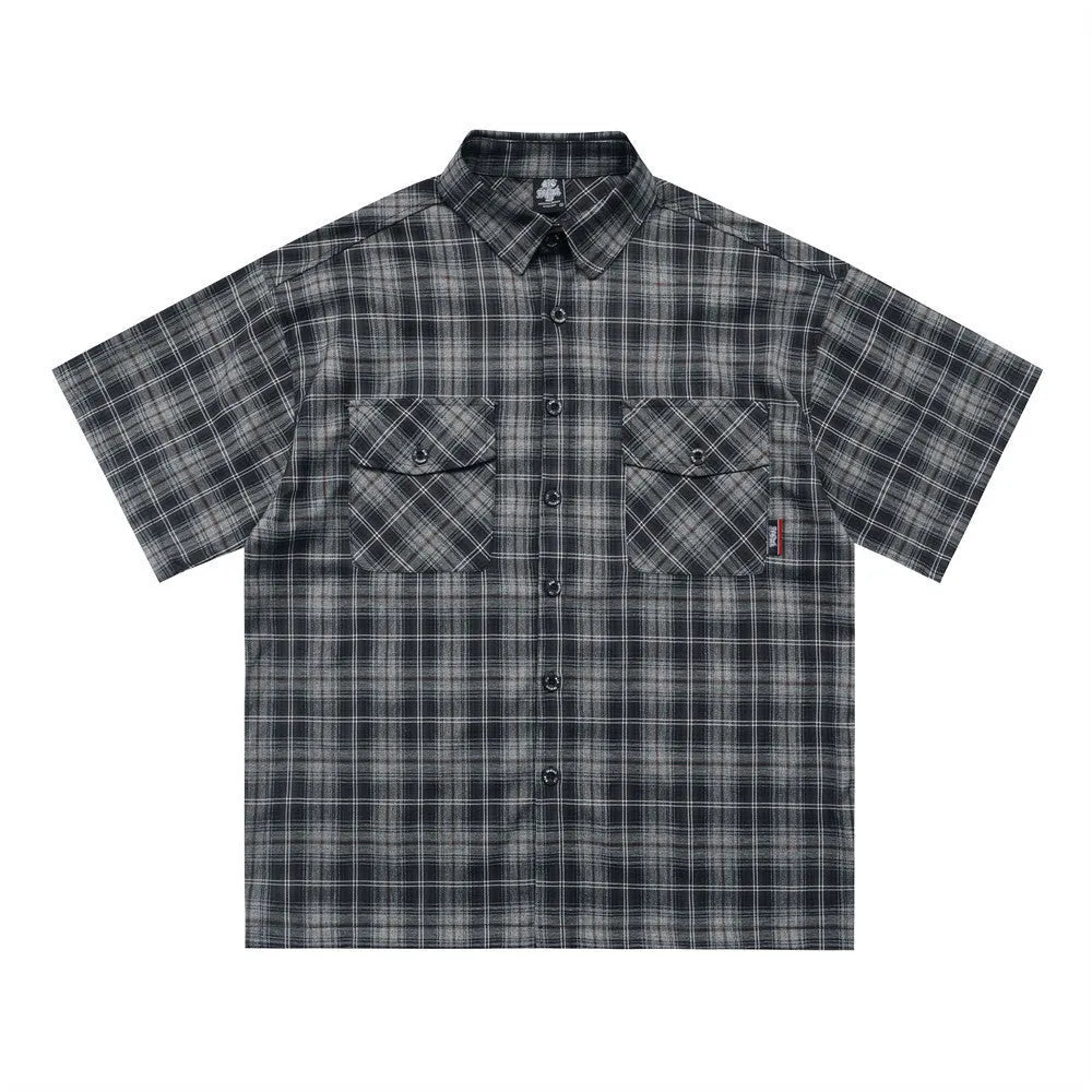 Men's black plaid shirt with embroidered letter on lapel and short sleeves