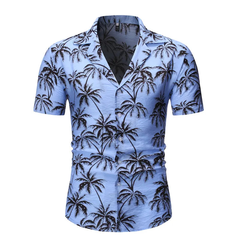 Men's loose lapel print top in light blue, long sleeve polyester casual shirt
