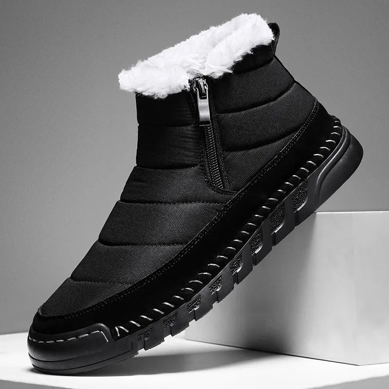 Men's plus size snow boot in black with round toe, cotton upper, and rubber sole.