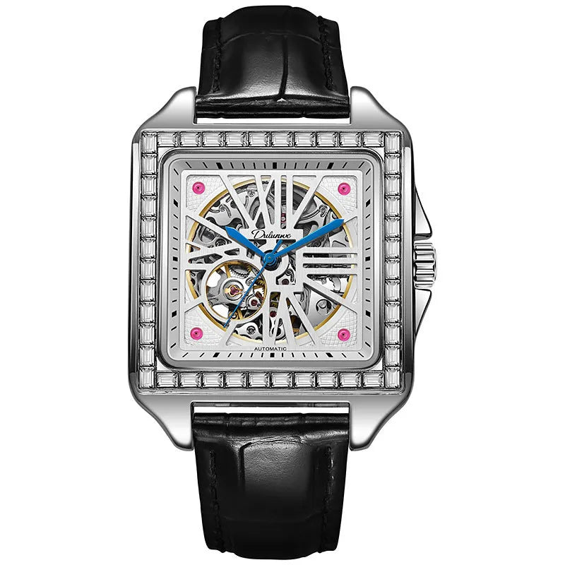 Men's square-faced automatic watch with diamond studs on a stainless steel bracelet.