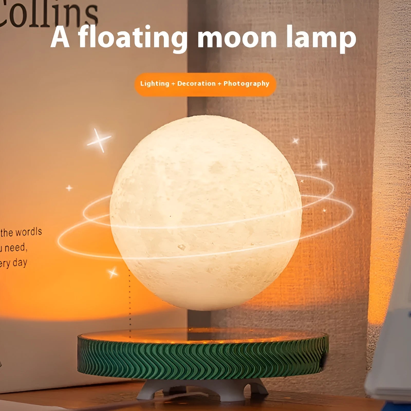Small magnetic suspension night lamp in a choice of 3D-printed Moon, Saturn, or Bulb shapes on a dark background.