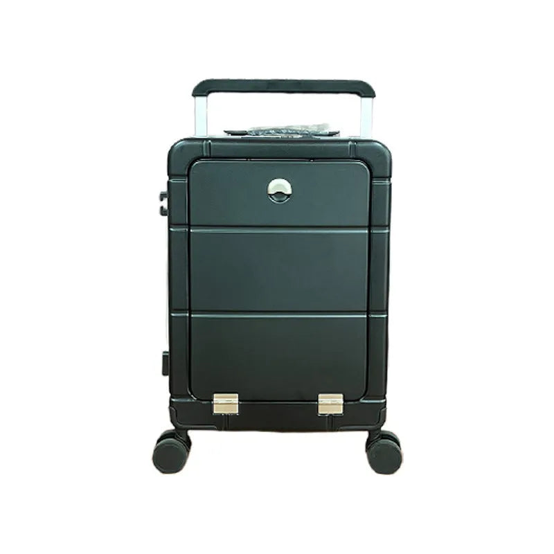 20-inch front opening cabin suitcase in silver with a cup holder and separate wet-dry compartment.