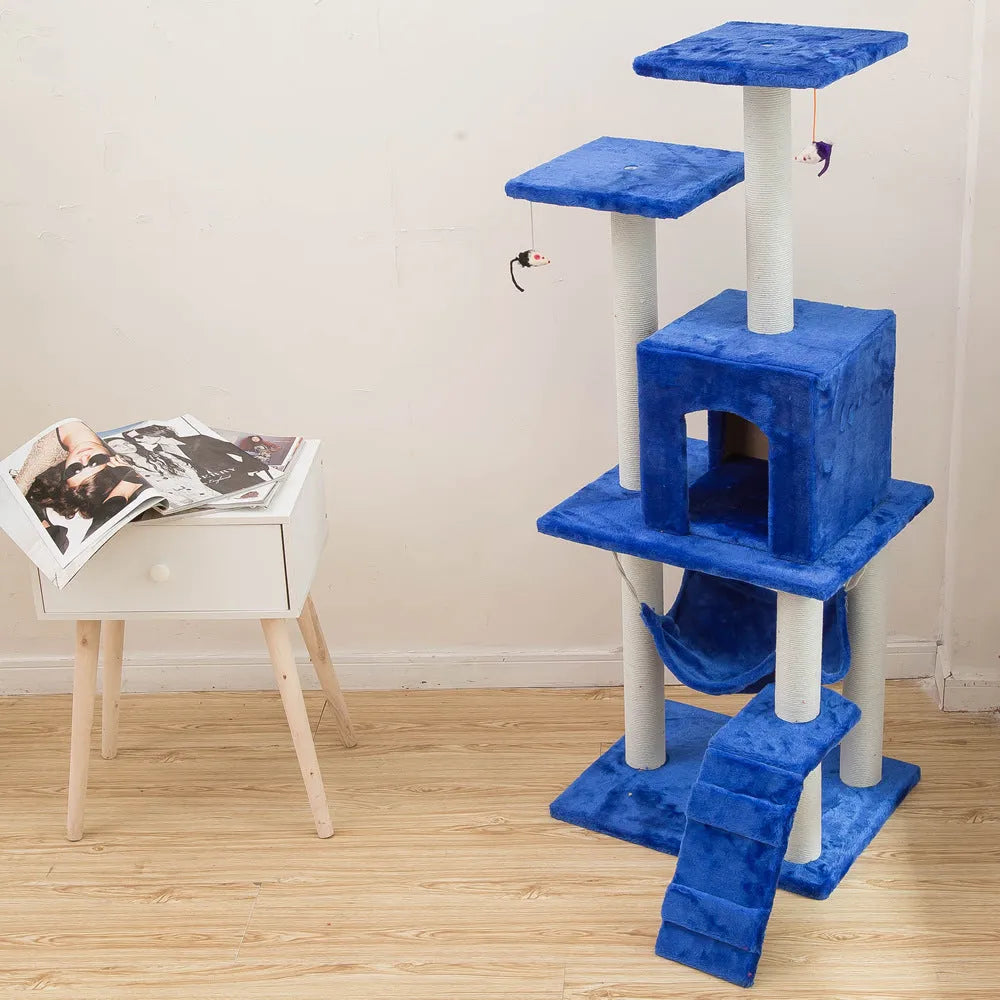 125cm cat climbing frame with soft wool cloth cover, beige colour, with nest and tray