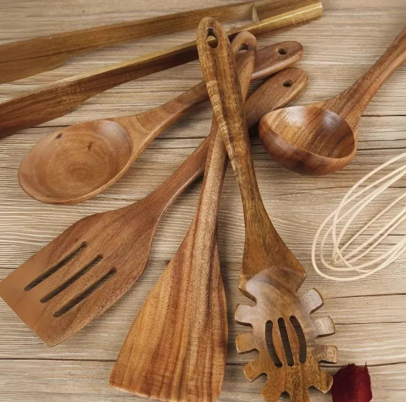 Seven wooden cooking utensils with non-slip handles for non-stick pans