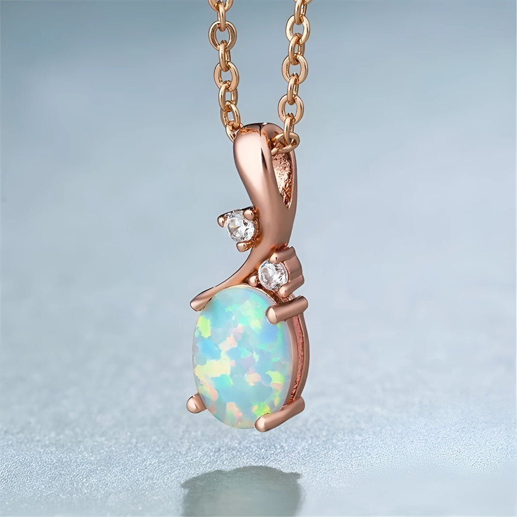 Water drop opal pendant necklace with adjustable O-chain in rose gold or white colour options