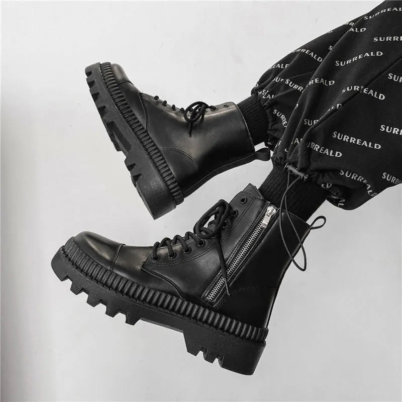 Men's black frosted leather Dr Martens platform boots with a side zip and 8-hole high top design.