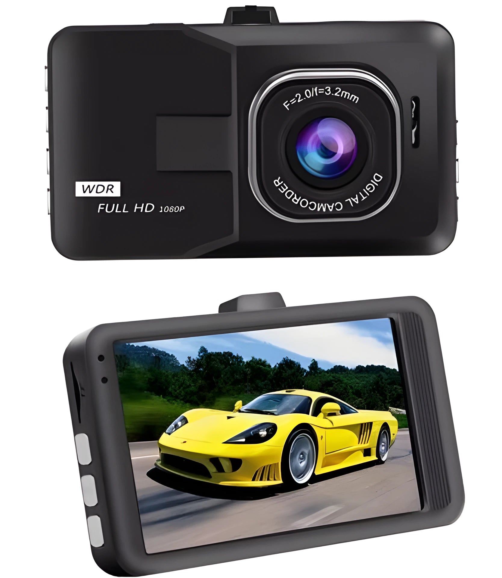 Black 1080P car DVR with 140 degree wide angle lens and IR night vision mounted on windscreen