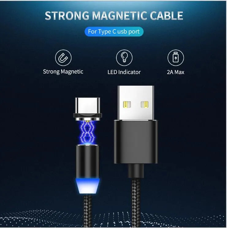 Black magnetic LED charging cable with aluminium shell and woven texture, showing LED light and connector.