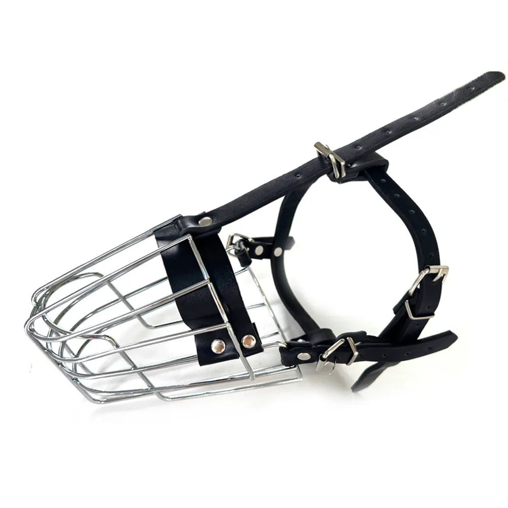 Black metal dog mouth cover designed for golden retrievers and German Shepherds with an adjustable strap.