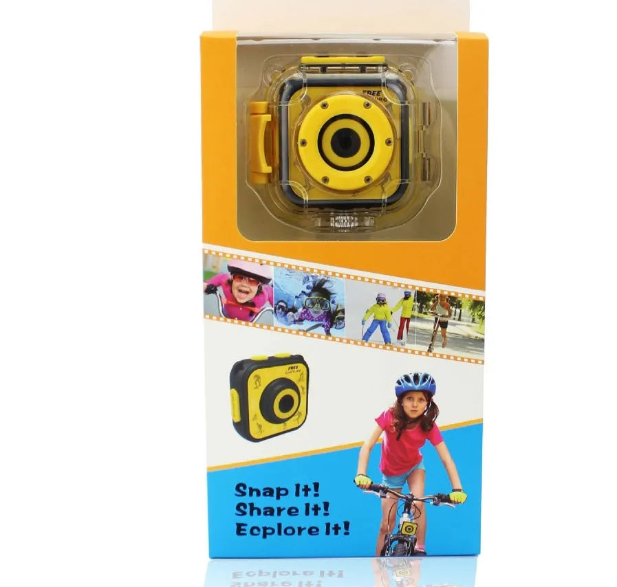 Yellow children's waterproof sports camera with 1.77-inch screen showing 720p HD video recording capability