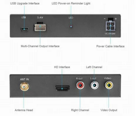 Black car mirror link box with Wi-Fi converter, power cable, antenna, AV cable, and user manual.