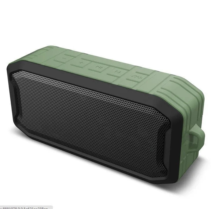 Mini portable Bluetooth speaker with silicone body, 5W output, 1200mAh battery, available in black, green, and red
