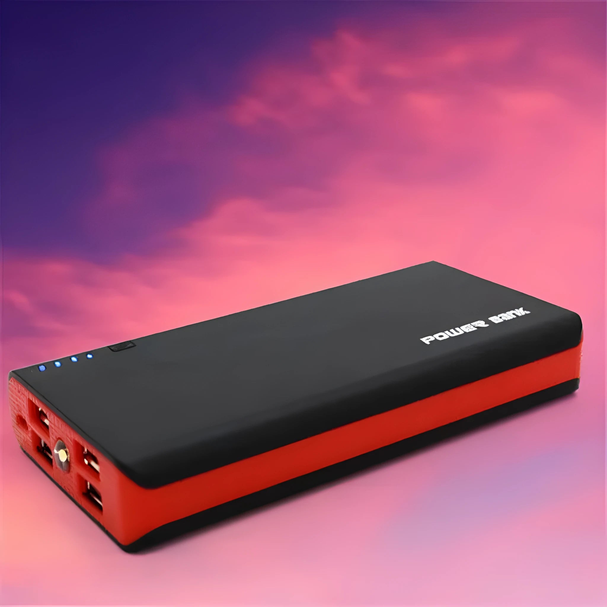 Blue 20000mAh portable power bank with USB port, shown next to a mobile phone for scale.