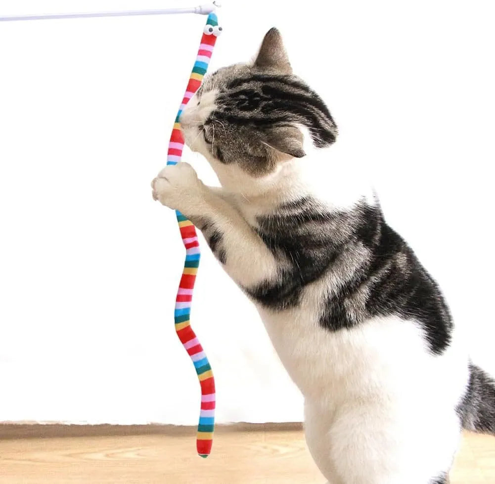 Cat wand teaser toy with long plush strip on a polycarbonate pole, shown in vibrant colours.