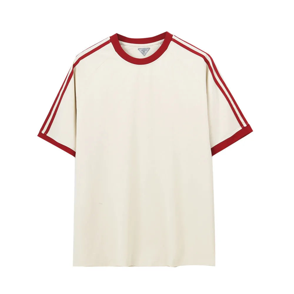 Unisex ice silk cotton stripes five-point top in loose fit, available in multiple colours and sizes S to 2XL