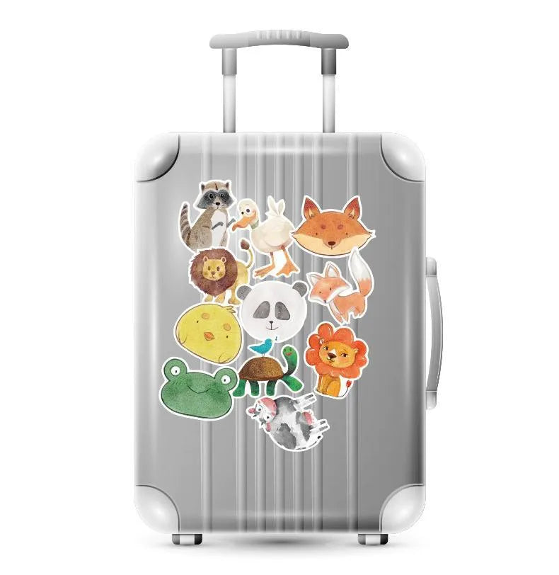 Set of 36 large retro-themed beach and surfing stickers with sizes from 6cm to 10cm on a matte PVC background.