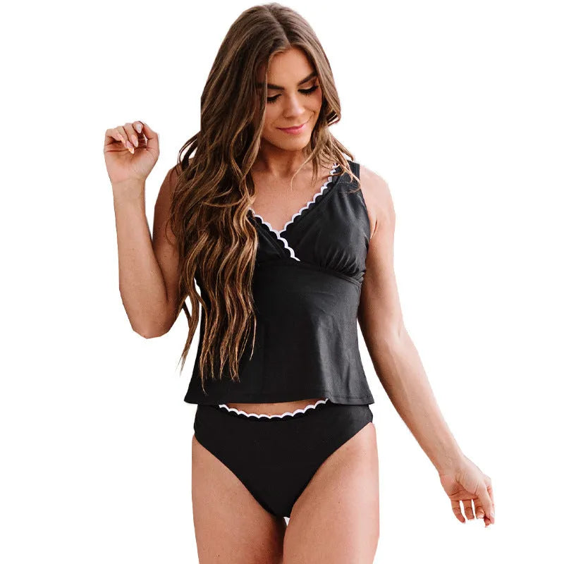 A black sleeveless women's nylon bikini set on a mannequin.