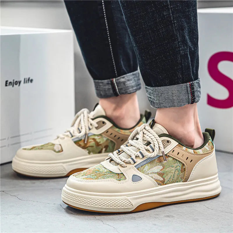 Men's canvas casual shoes in Milan green and beige colours with flat heel and round toe design