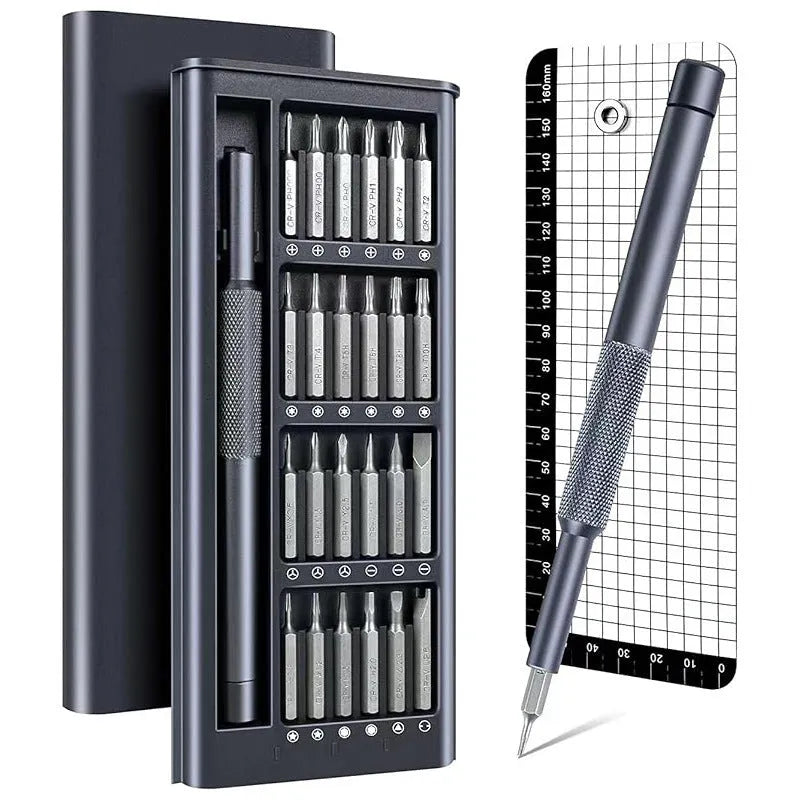 25-in-one precision screwdriver set with magnetic tip and chrome vanadium steel bits on a white background.