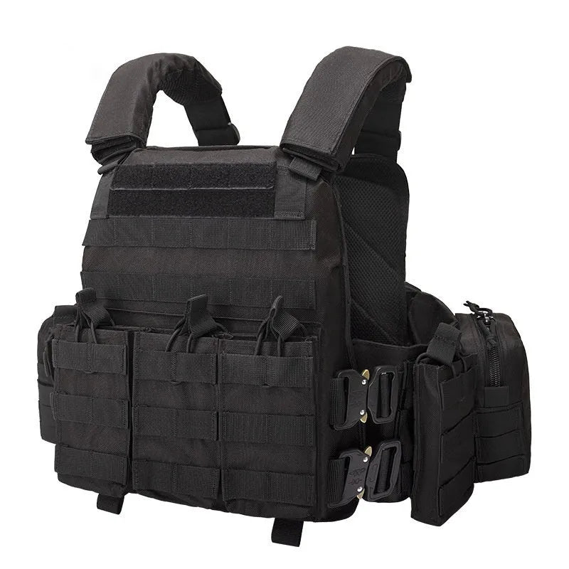 Men's camouflage polyester tactical vest for outdoor training and shooting sports.