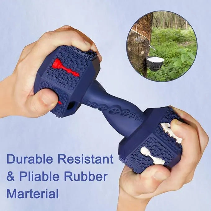 Blue dumbbell-shaped dog chew toy with textured surface and hollow ends for treats