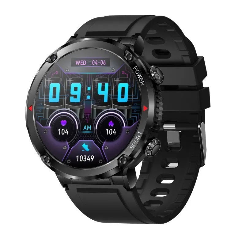 Black T30 smartwatch with a silicone strap on a wrist, displaying a health stats screen.