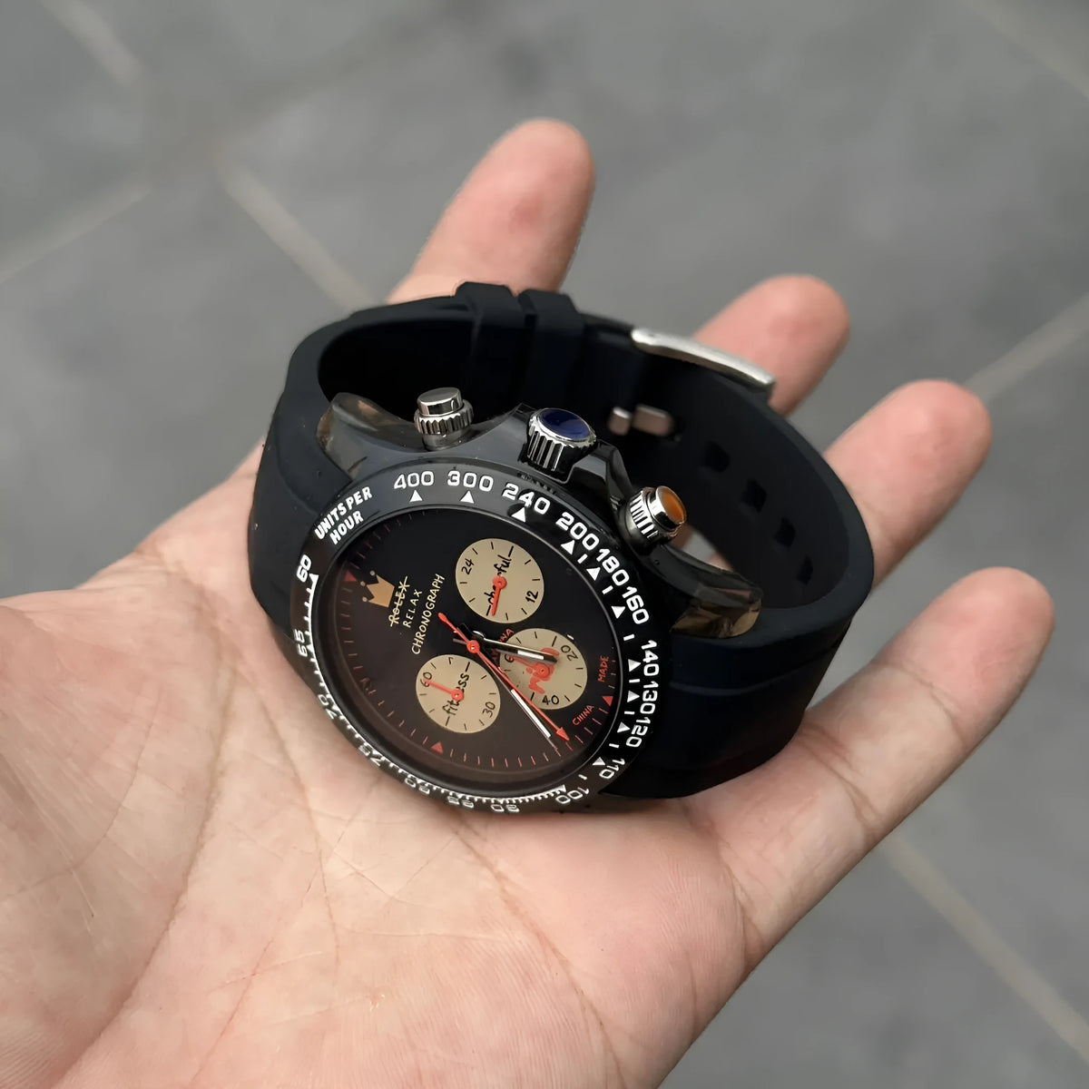 Panda Palette chronograph watch with steel strap, 36mm dial, black or white colour option