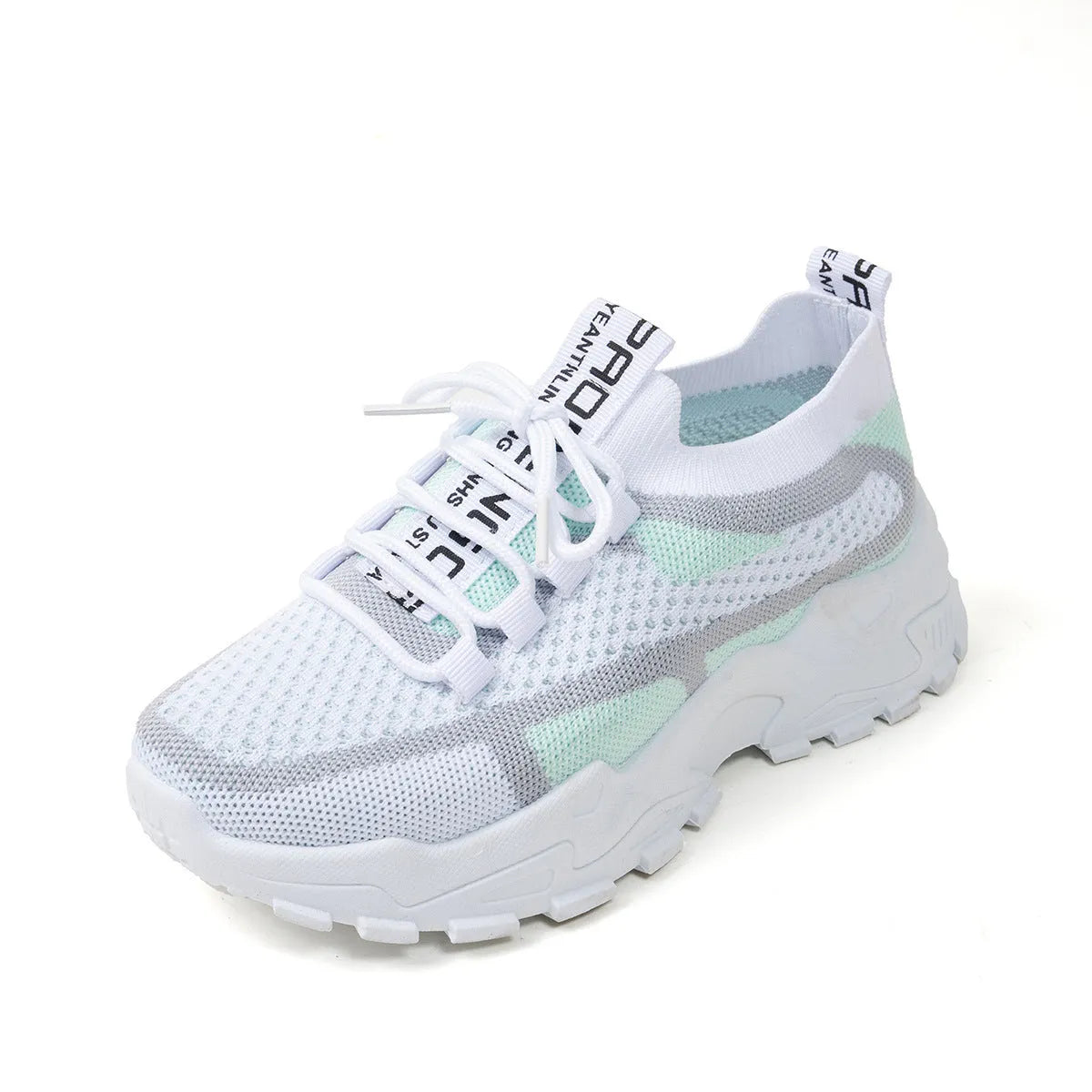 Women's Flyknit mesh lace-up sneakers in grey and white with a low rubber sole.