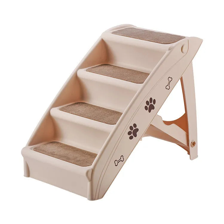 Foldable grey plastic pet stairs with three steps and a non-slip mat for small dogs and cats
