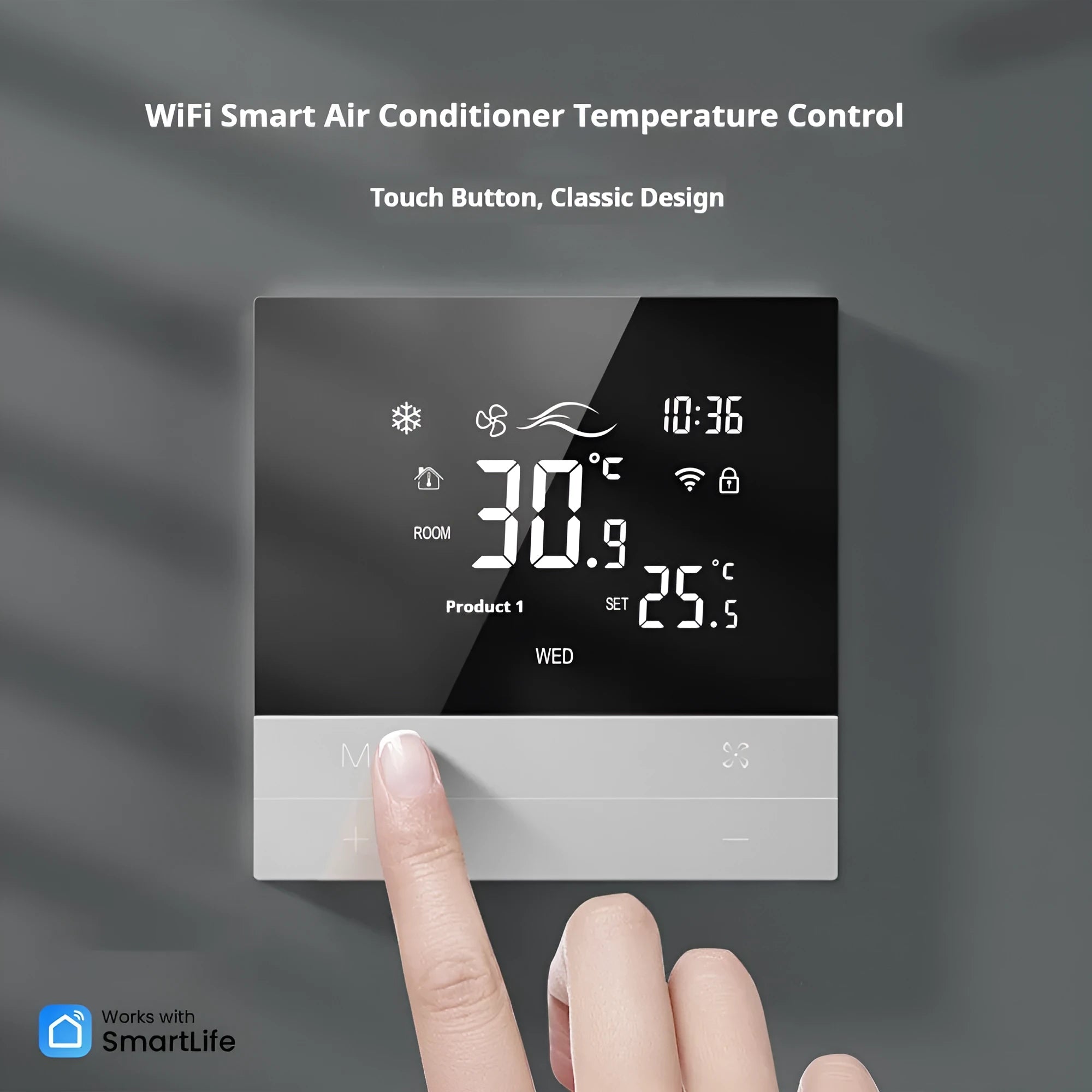 Central air-conditioning LCD touch screen thermostat 86x86mm white panel