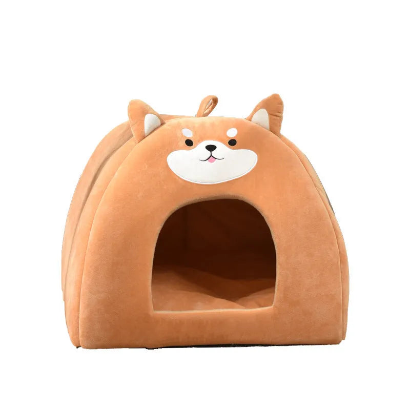 Grey soft cloth nest-style pet bed for cats and small dogs on a wooden floor.