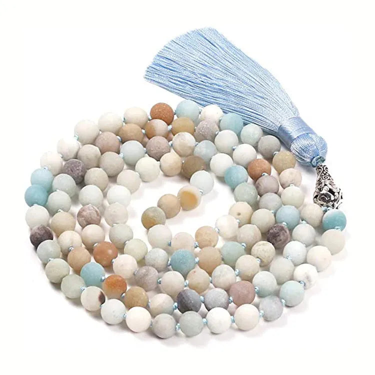 Geometric agate tassel necklace with multi-stone pattern showing Indian agate, turquoise, lapis lazuli, and amethyst beads