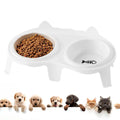 Blue ceramic cat food and water bowl set on a white elevated plastic stand with hook design.