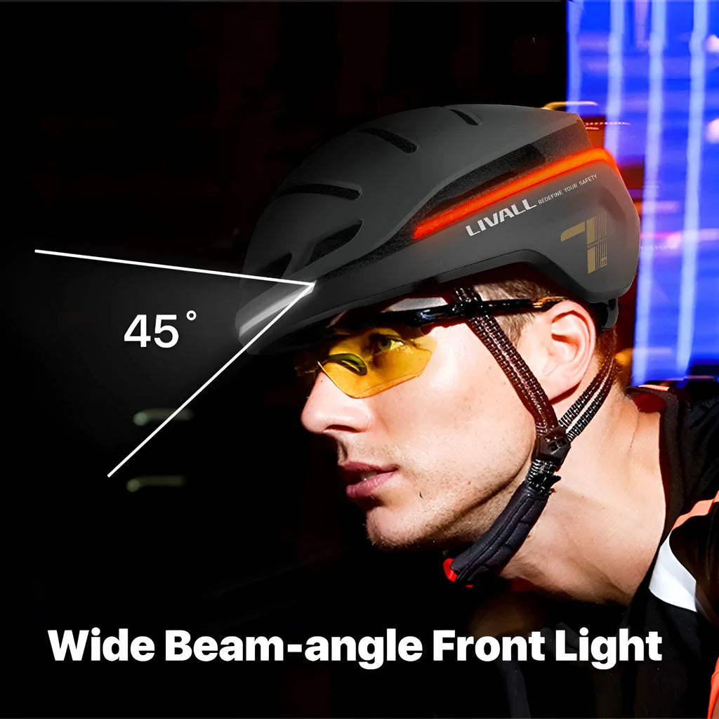 Matte black smart bicycle helmet with integrated LED lights on front and sides for night riding safety.
