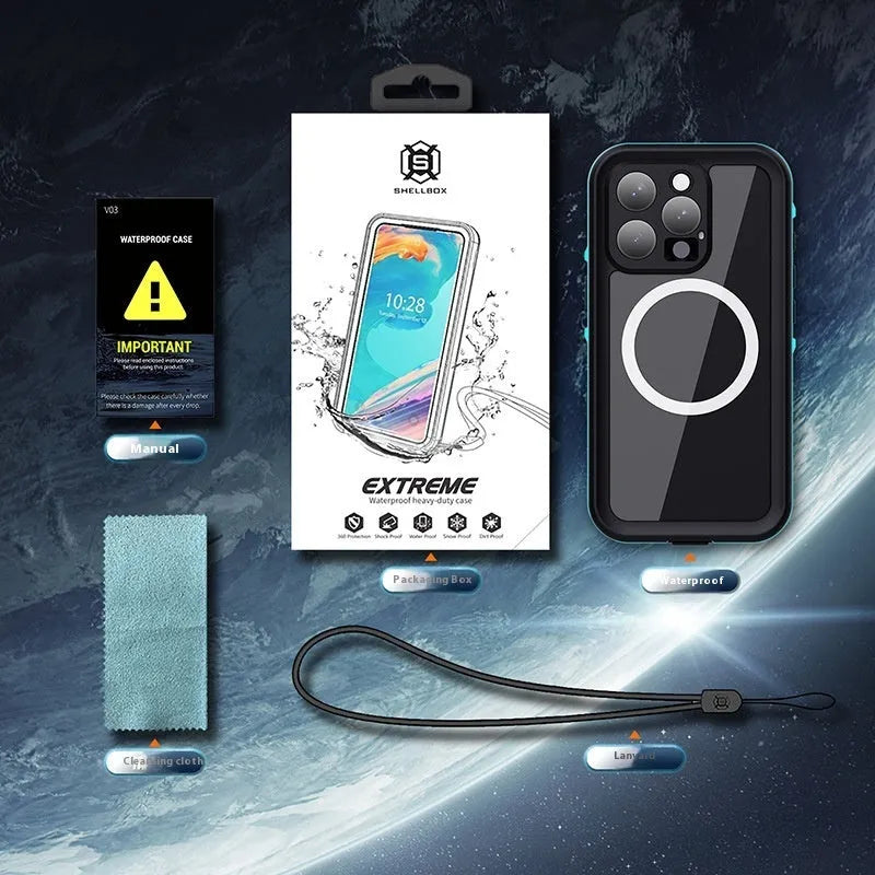 Black dark gray waterproof phone case for iPhone 16 series with anti-fall shell and secure seal