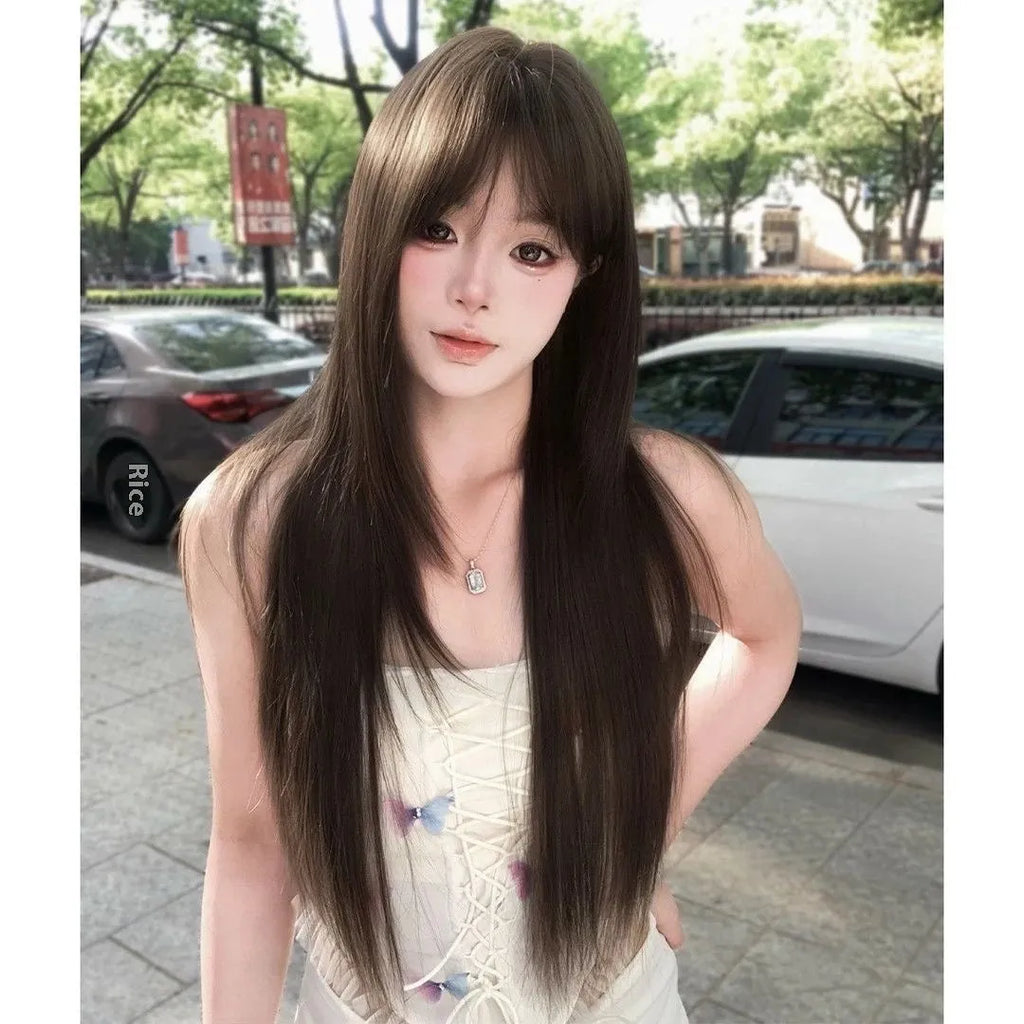 Brown black ladies' synthetic wig with high-temperature fibre hair material and wear-free hair net