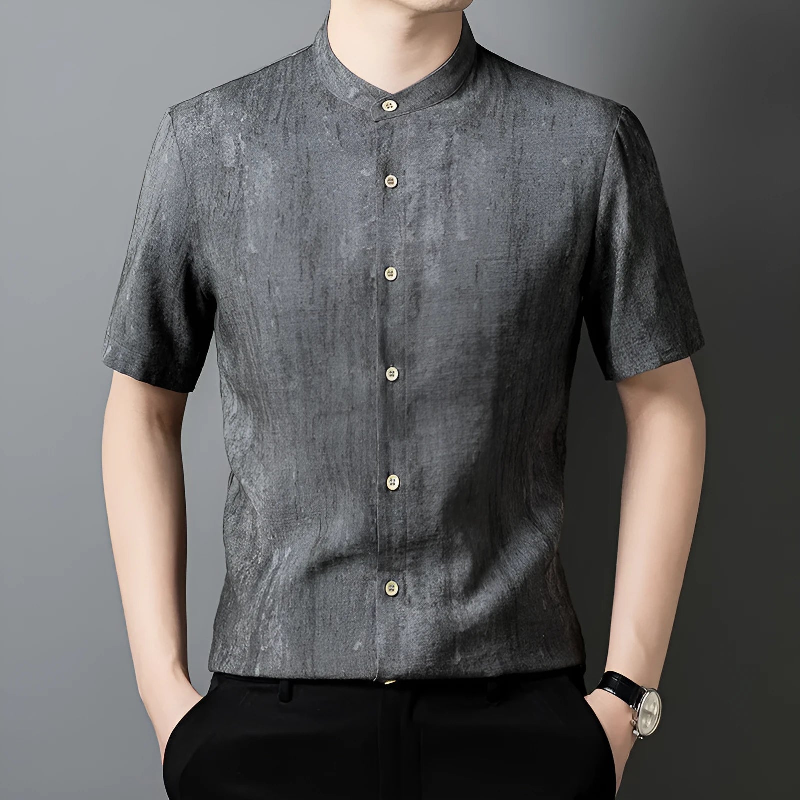 Men's loose fit linen blend shirt with stand collar in black grey colour
