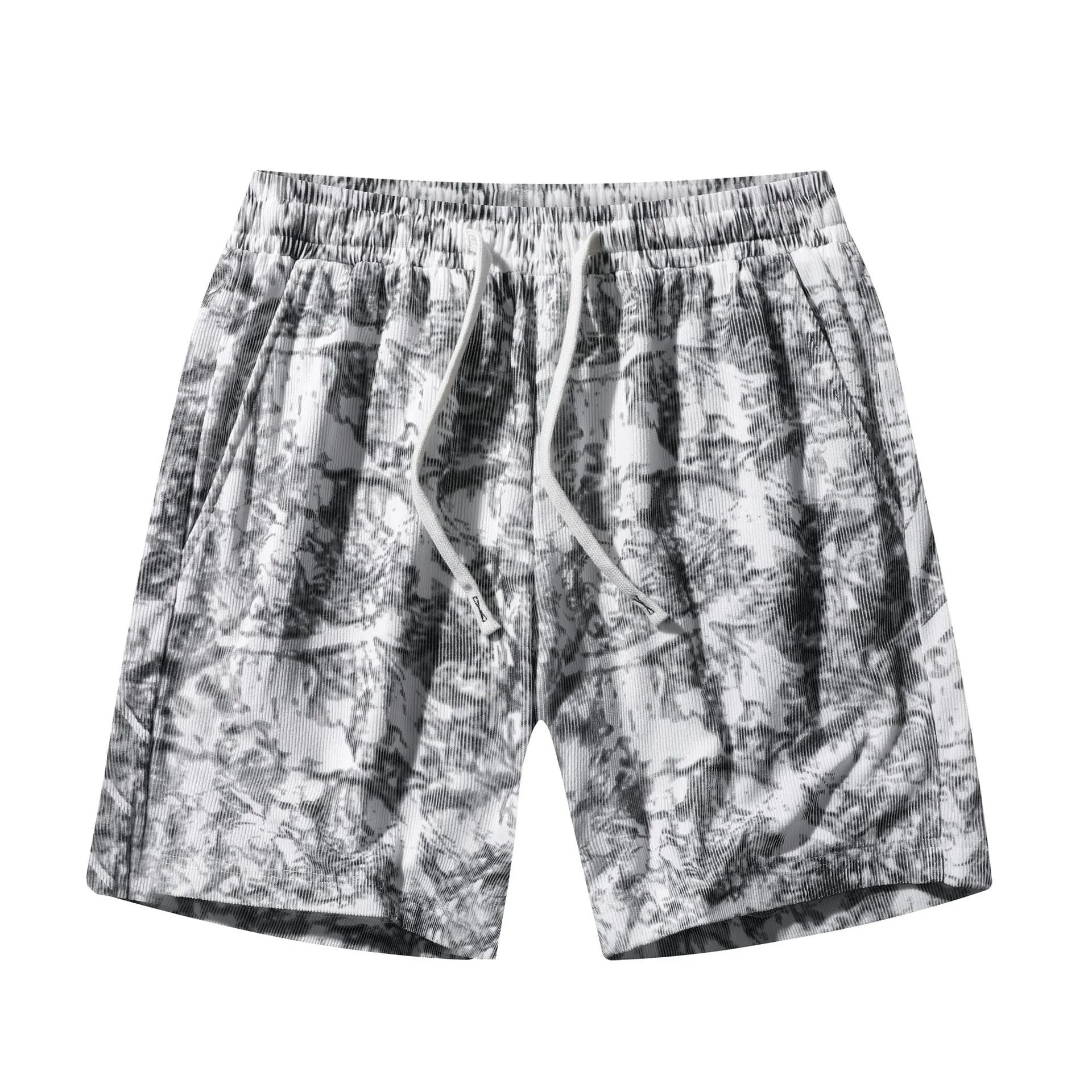 Men's camouflage pattern corduroy athletic shorts with a high waist on a neutral background.