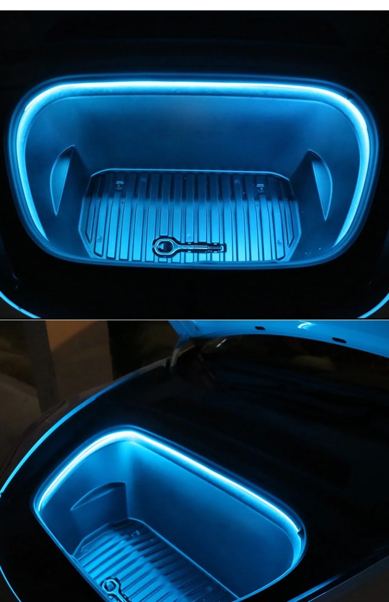 Tesla Model 3 and Model Y front footwell ambient lighting kit with soft silicone light bar in three colour options