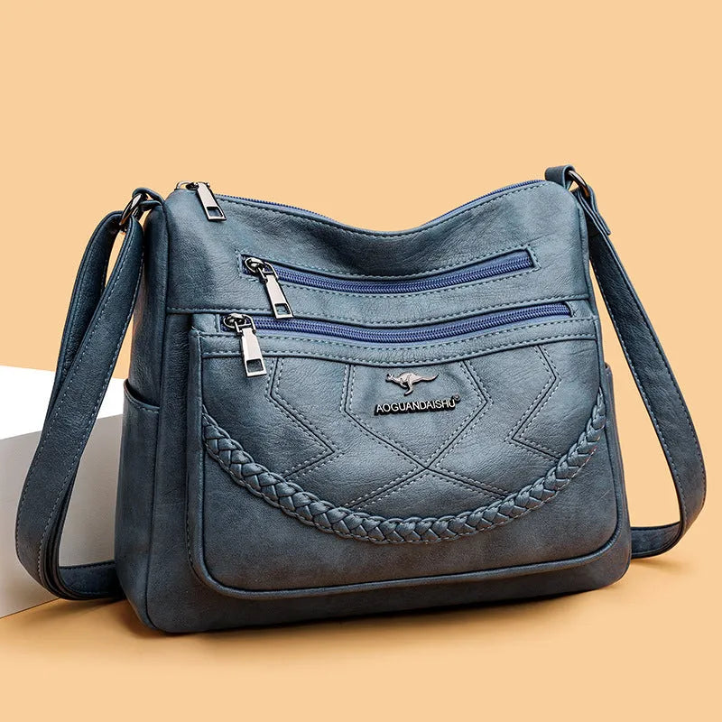 Soft PU leather women's shoulder bag in horizontal square shape with sandwich pockets