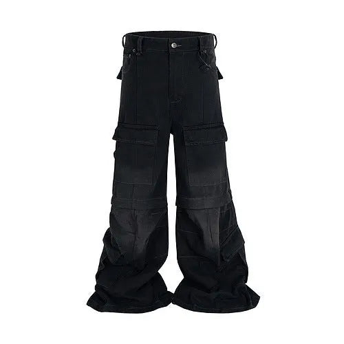 Cotton denim detachable overalls with washed-out finish and multiple pockets in black colour option