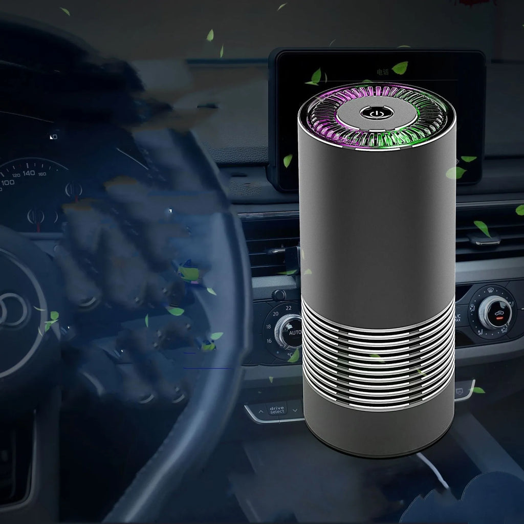 Compact black metallic car wireless air purifier with power cord for cigarette lighter socket