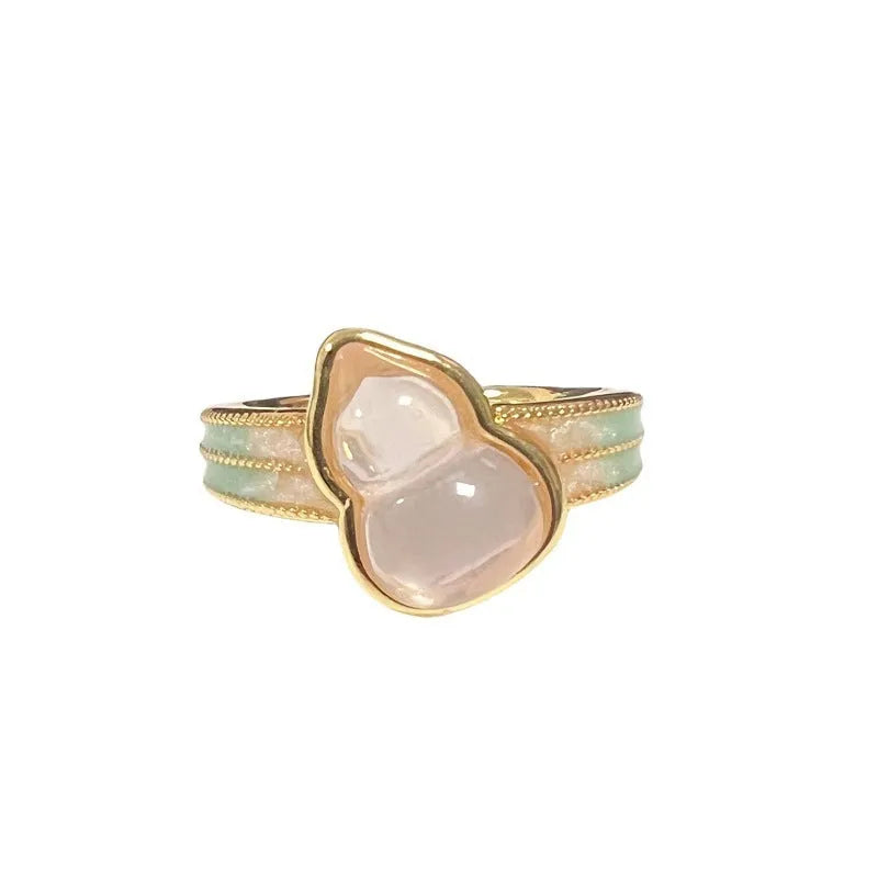 Adjustable copper ring with oil drip finish, featuring a gourd design and inlaid zircon stones.