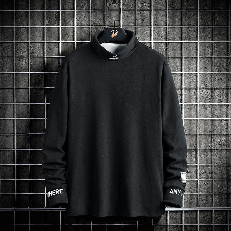 Mens long sleeved high collar polyester casual shirt in grey, embroidery detail, autumn winter