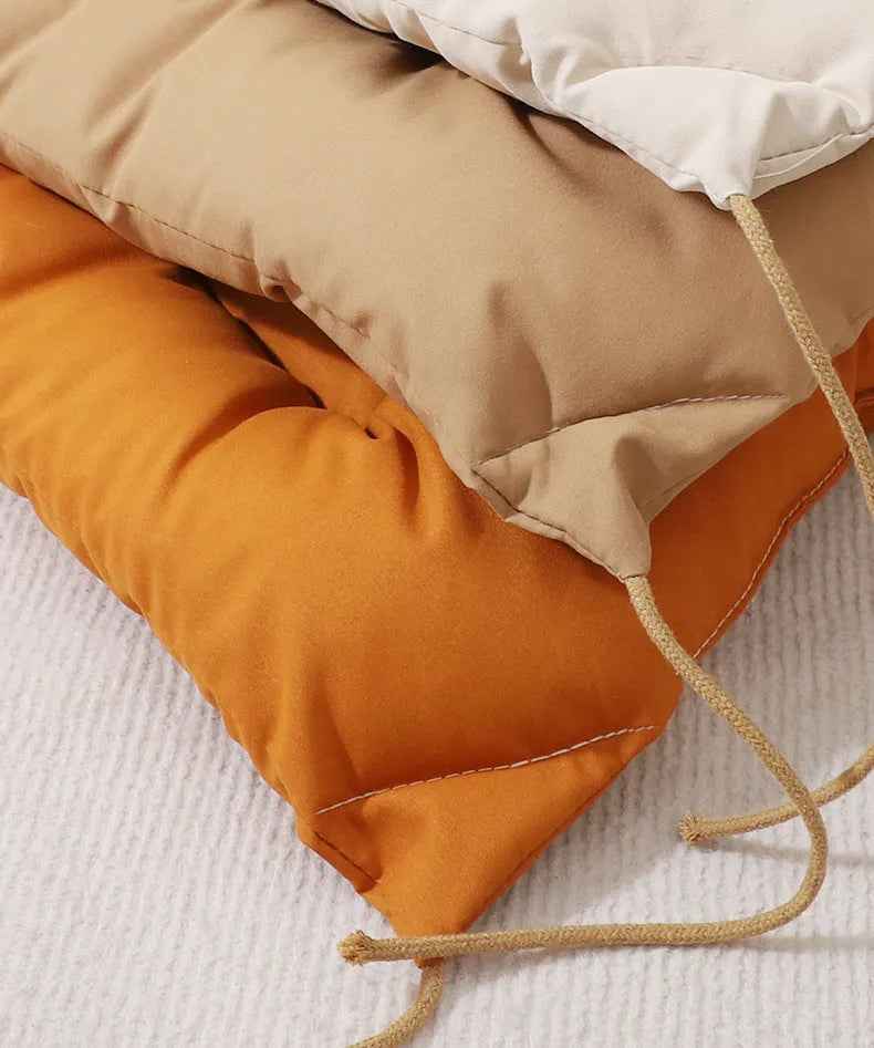 Tied dog cage cushion in beige colour showing platform design and attachment ties for metal pet cages