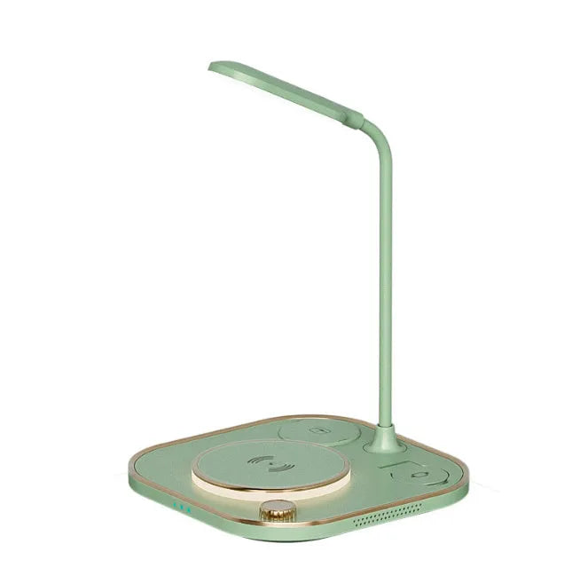 Black three-in-one wireless magnetic charger with desk lamp and Type-C cable on a wood desk